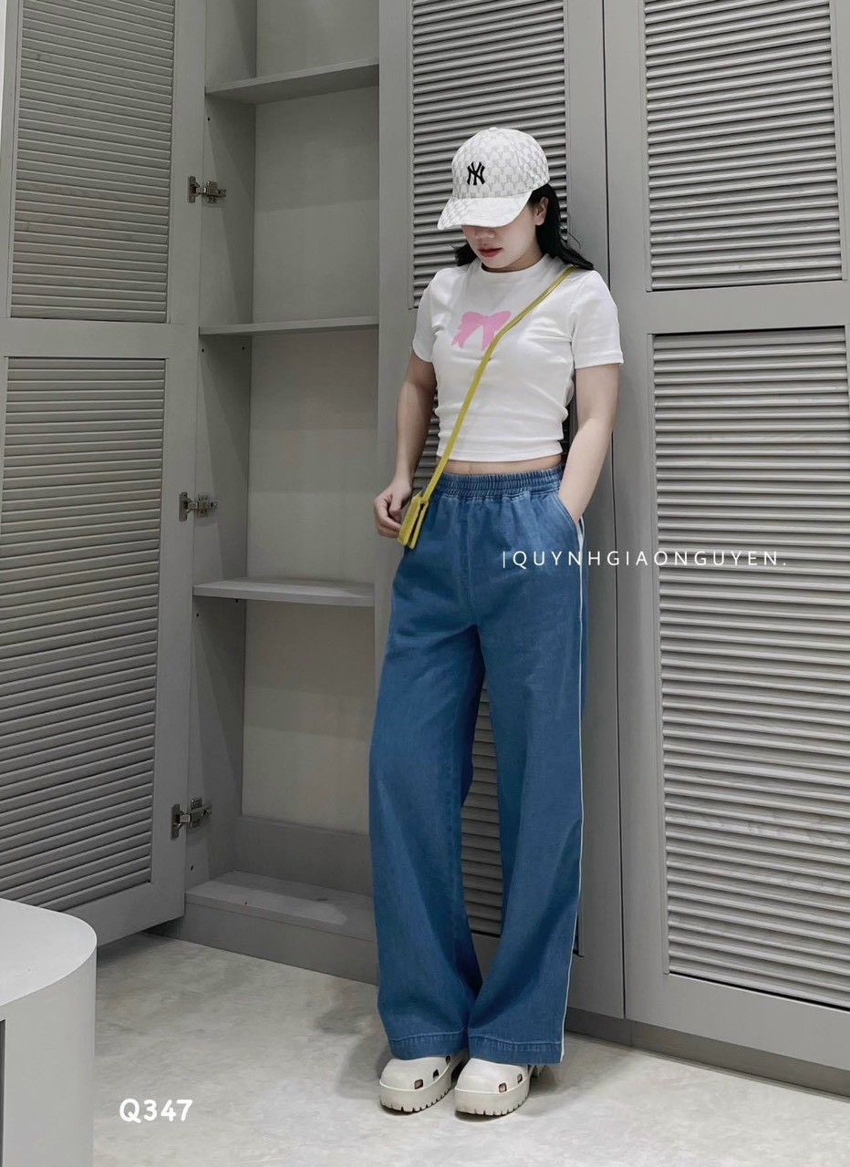 Quần Jeans Suông Cạp Chun Viền Trắng