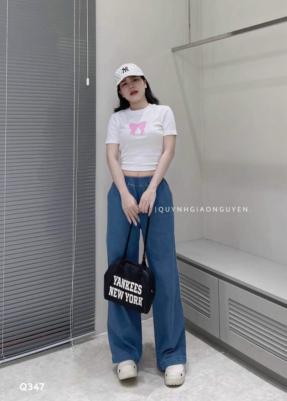 Quần Jeans Suông Cạp Chun Viền Trắng