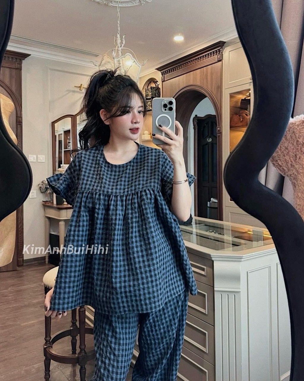 Bộ Thô Kẻ Xanh Than Áo Babydoll