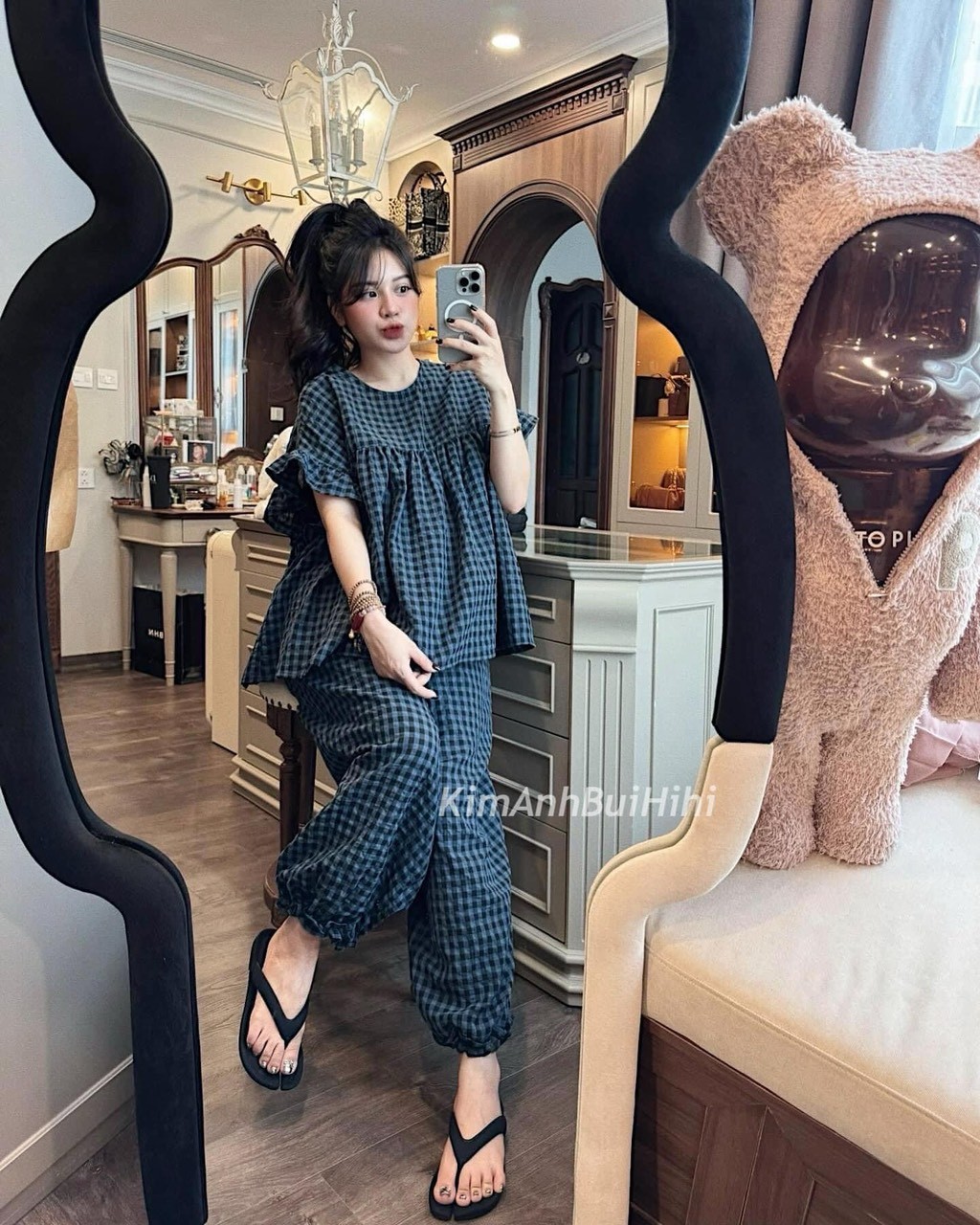 Bộ Thô Kẻ Xanh Than Áo Babydoll