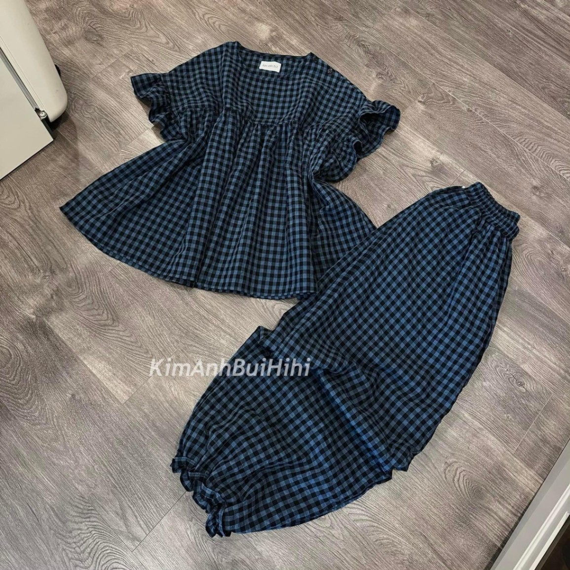 Bộ Thô Kẻ Xanh Than Áo Babydoll