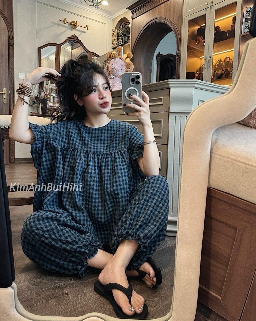 Bộ Thô Kẻ Xanh Than Áo Babydoll