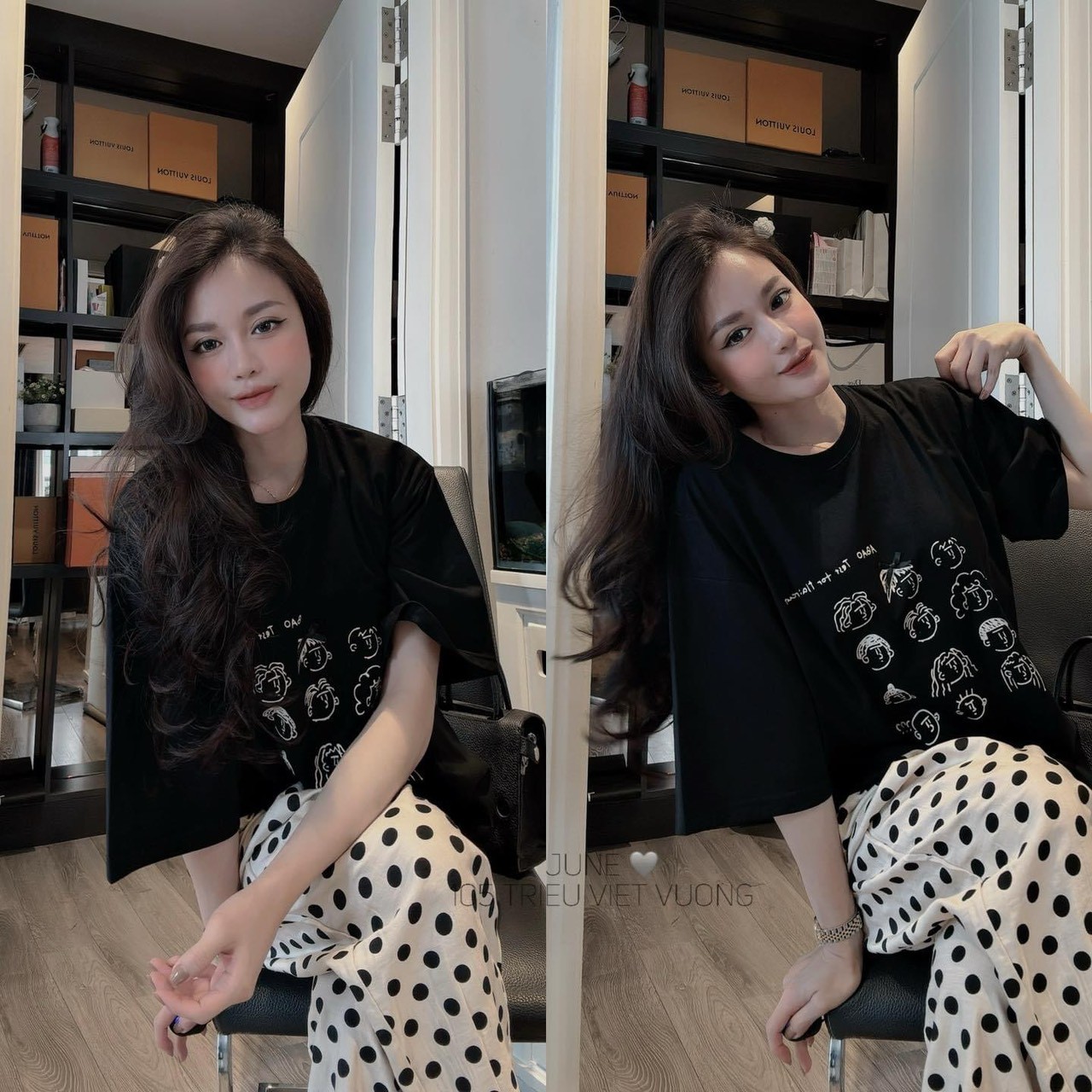 Bộ Quần Chấm Bi Áo Phông Đen