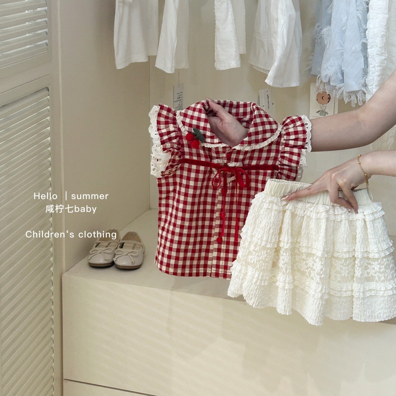 Sét CV Tầng Áo Kẻ Caro Đỏ Cherry Cho Bé