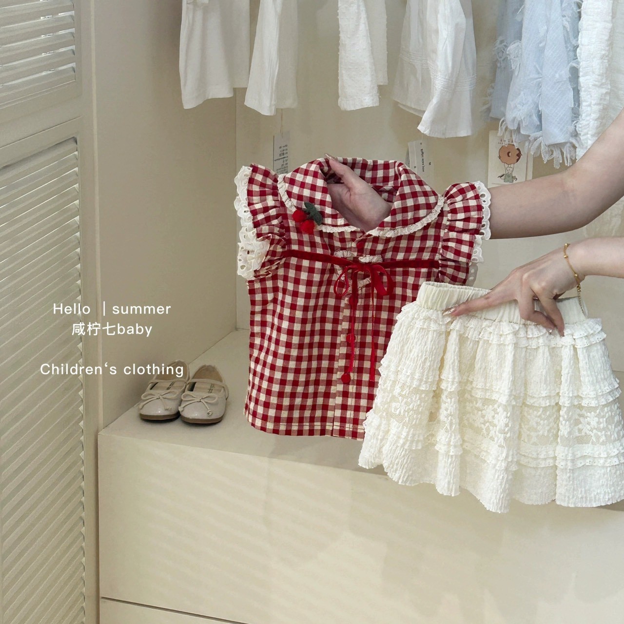 Sét CV Tầng Áo Kẻ Caro Đỏ Cherry Cho Bé