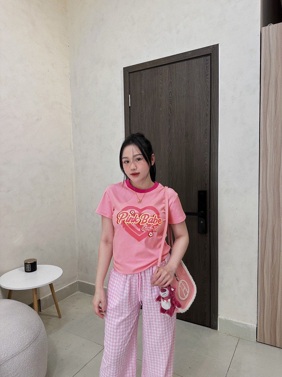 Bộ Quần Kẻ Áo Hồng Pink Babe