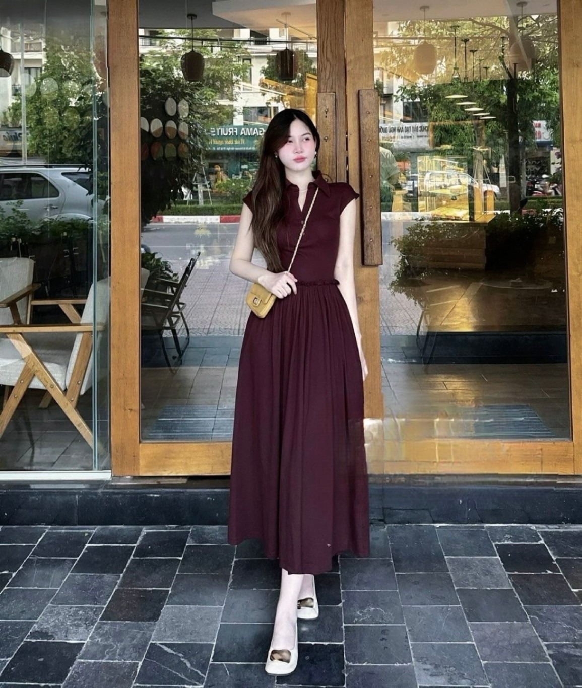 Váy Dúm Ly Eo Cổ V Dáng Dài