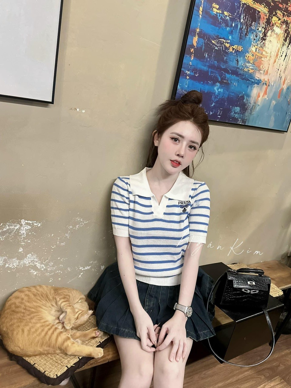 Áo Len Kẻ Ngăn Tay Thêu Prada