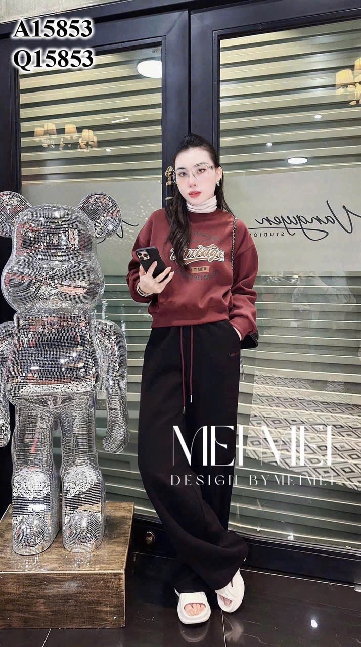 Bộ Nỉ 2 Da Quần Suông Đen Mix Áo Nỉ Đỏ