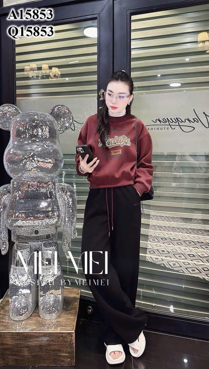 Bộ Nỉ 2 Da Quần Suông Đen Mix Áo Nỉ Đỏ