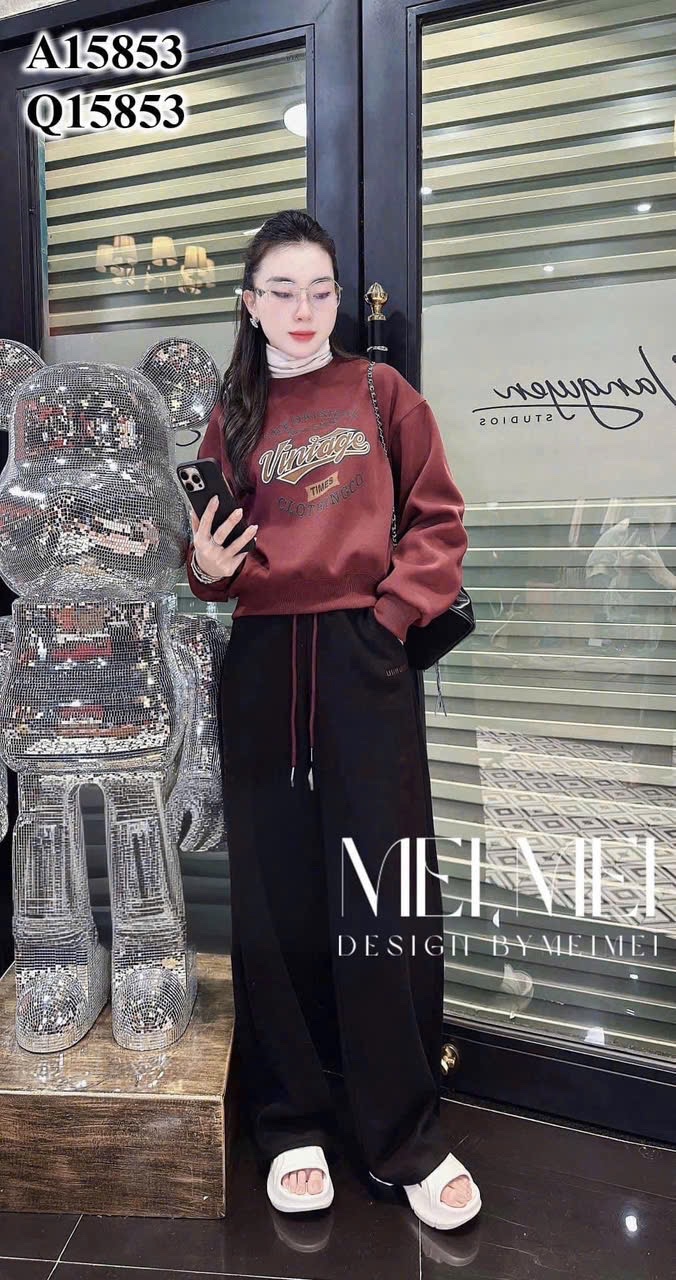 Bộ Nỉ 2 Da Quần Suông Đen Mix Áo Nỉ Đỏ