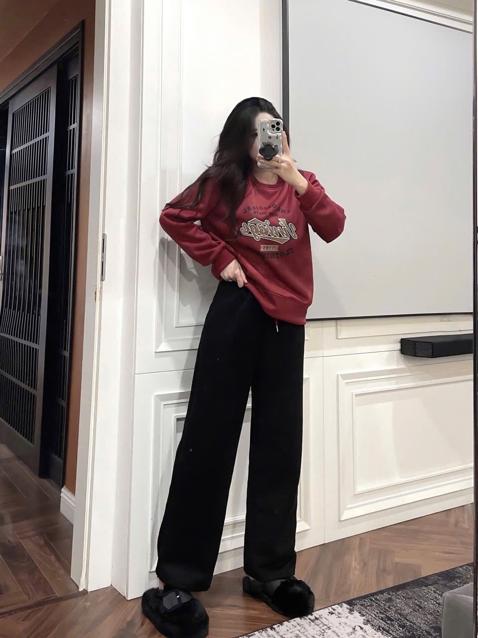 Bộ Nỉ 2 Da Quần Suông Đen Mix Áo Nỉ Đỏ