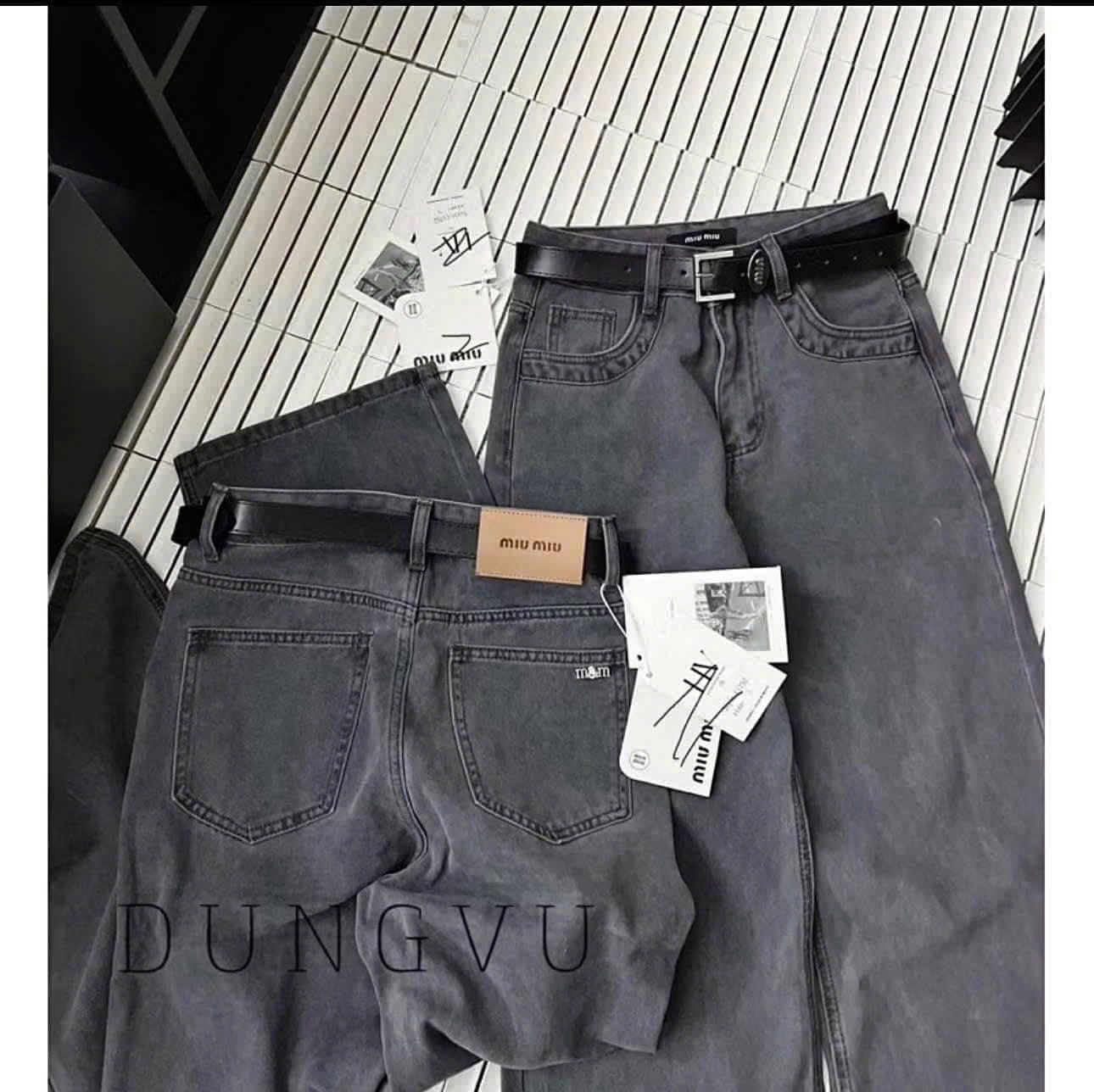 Quần Jeans Suông Xám Khói Kèm Đai