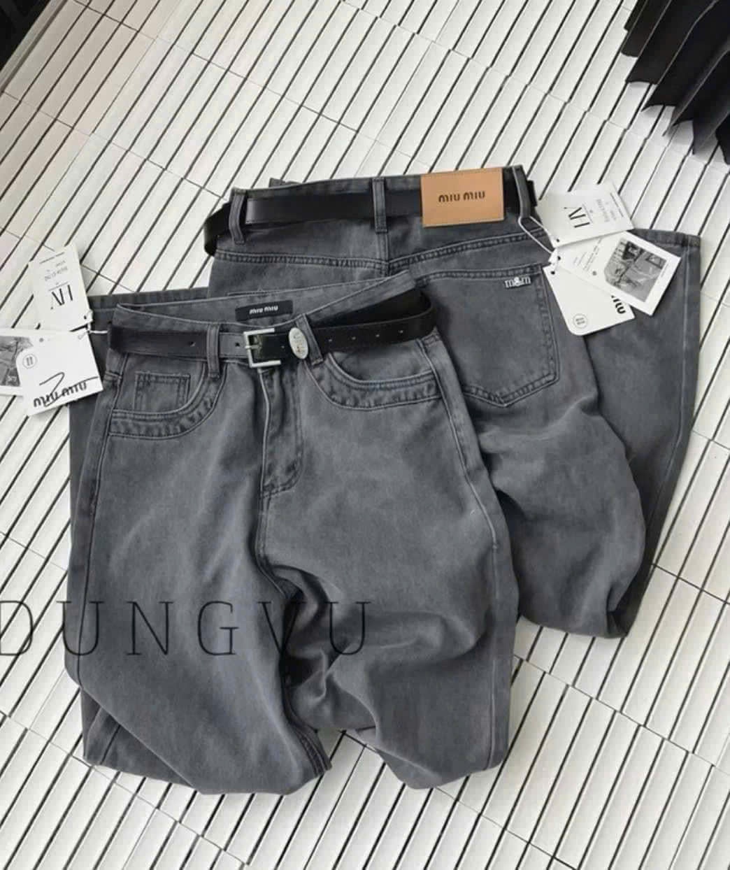 Quần Jeans Suông Xám Khói Kèm Đai