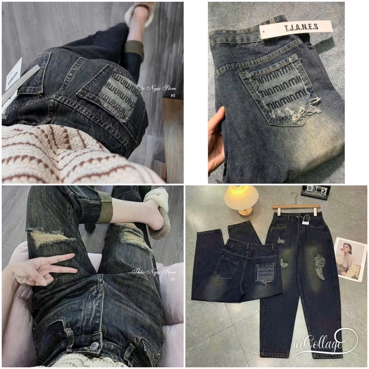 Quần Baggy Jeans Rách Túi Thêu Minmin