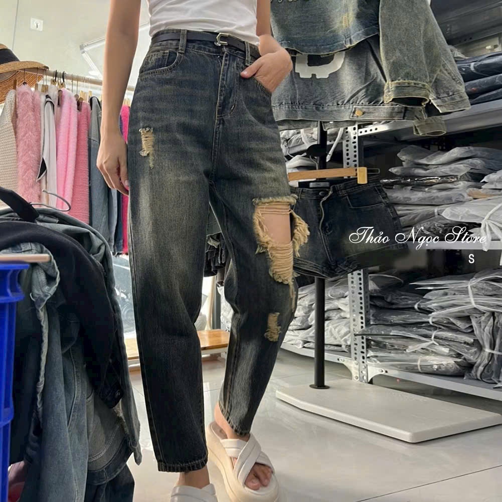 Quần Baggy Jeans Rách Túi Thêu Minmin