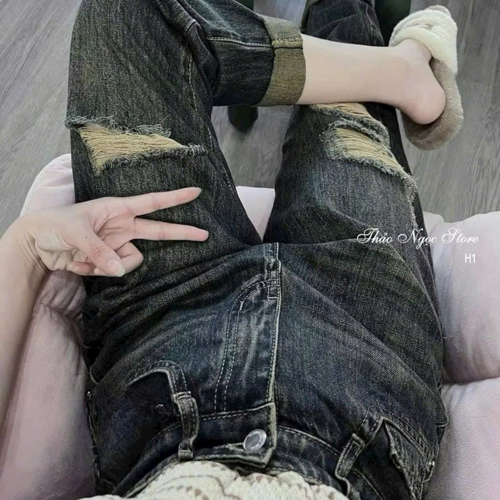 Quần Baggy Jeans Rách Túi Thêu Minmin