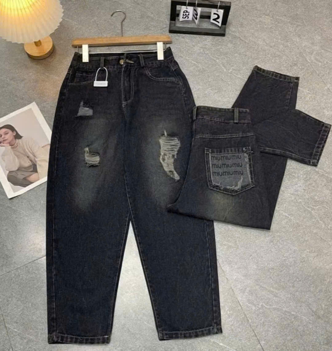 Quần Baggy Jeans Rách Túi Thêu Minmin