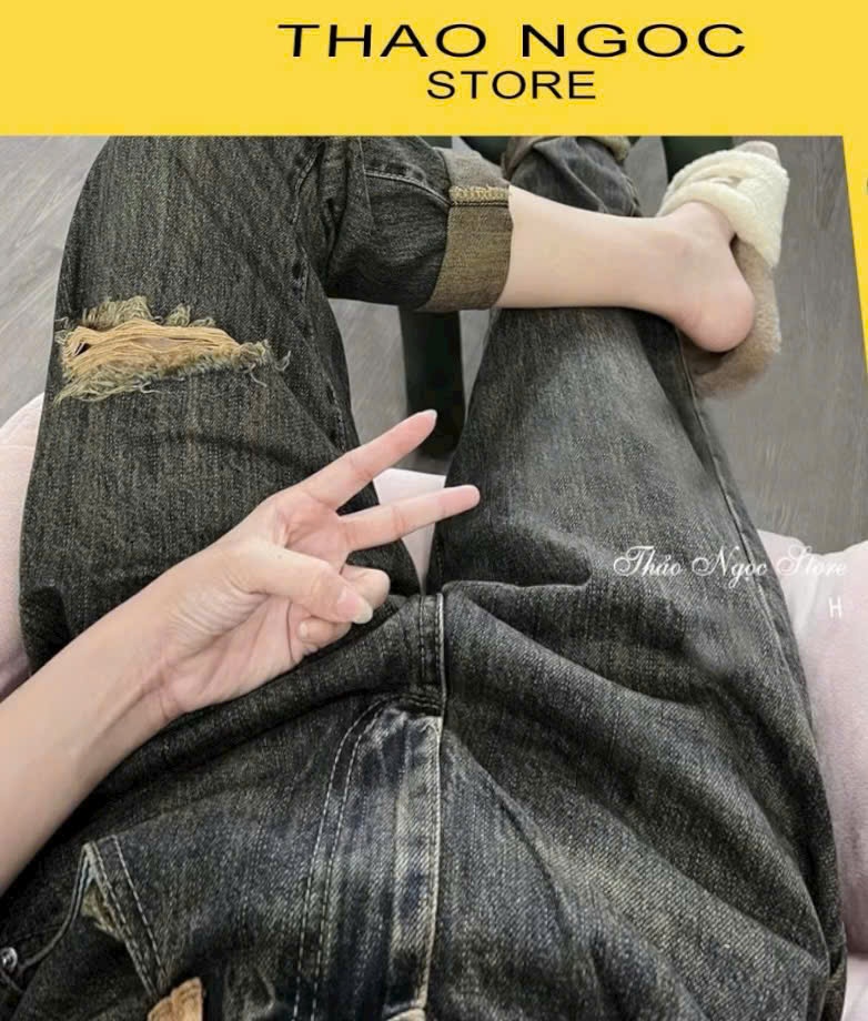 Quần Baggy Jeans Rách Túi Thêu Minmin