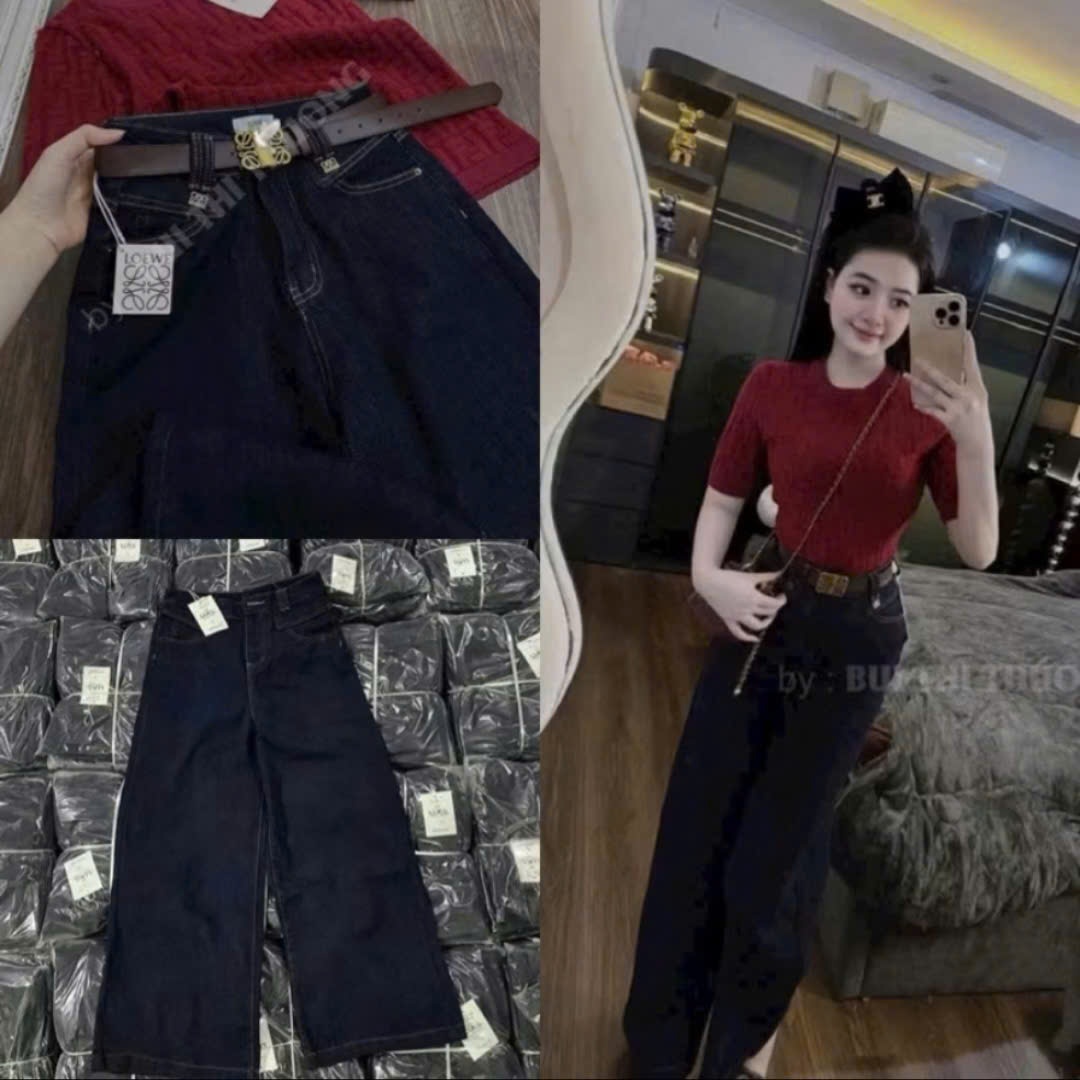 Quần Jeans Suông Xanh Đậm Gấu To