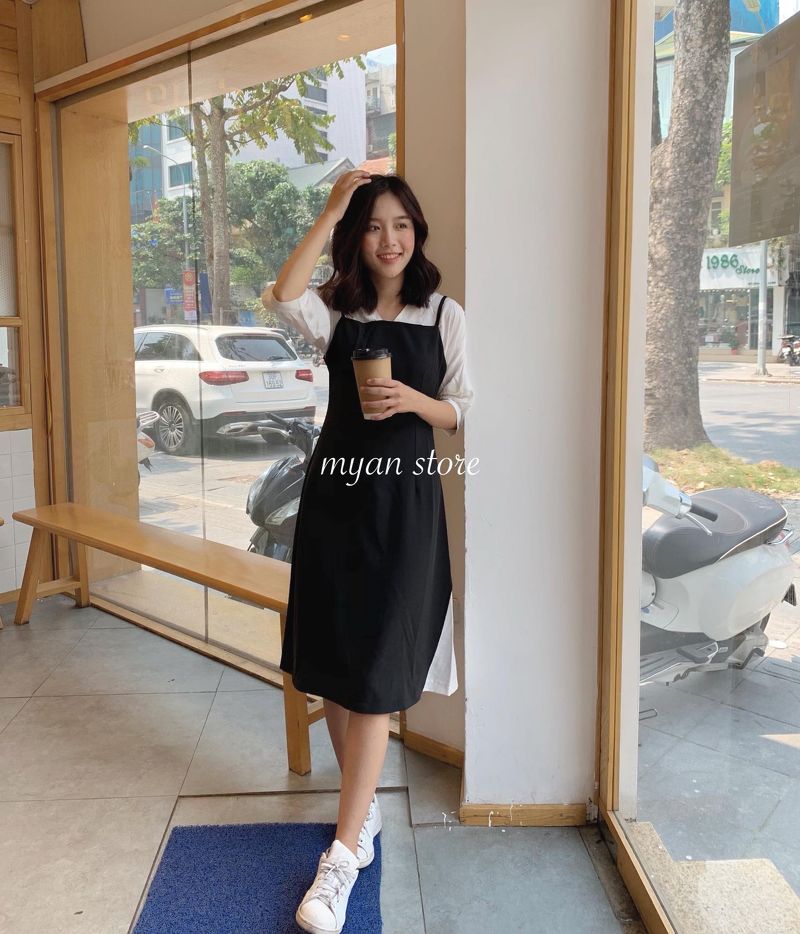 Váy đầm đen cổ trắng cúc to công sở tay ngắn hai kiểu basic phong cách Hàn  Quốc - Tìm Voucher