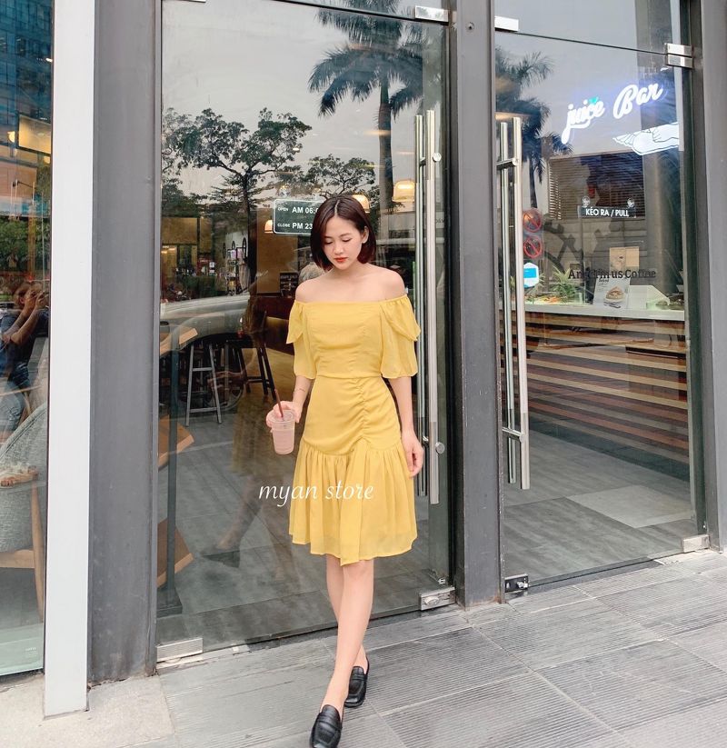 váy tơ tầng vàng thiết kế trễ vai - váy thiết kế | Shopee Việt Nam