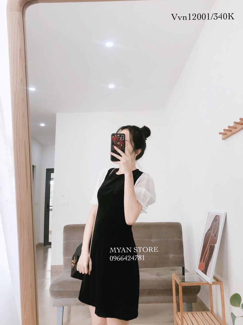 Đầm đen dáng xòe tay dài phối voan KK103-30 | Thời trang công sở K&K Fashion