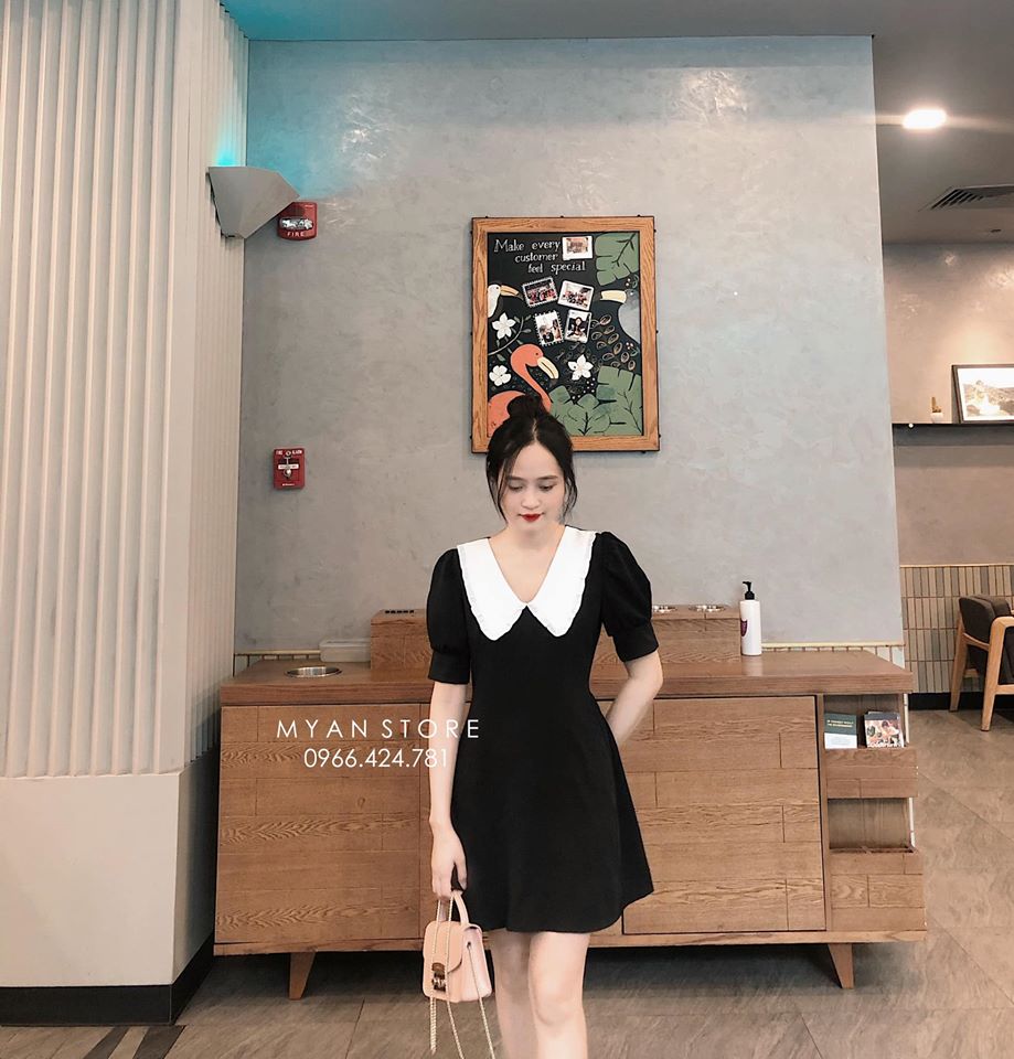 Váy đầm nhung đen cổ ren bèo trắng cực đẹp sang chảnh dự tiệc hàng loại 1 -  jangmina shop