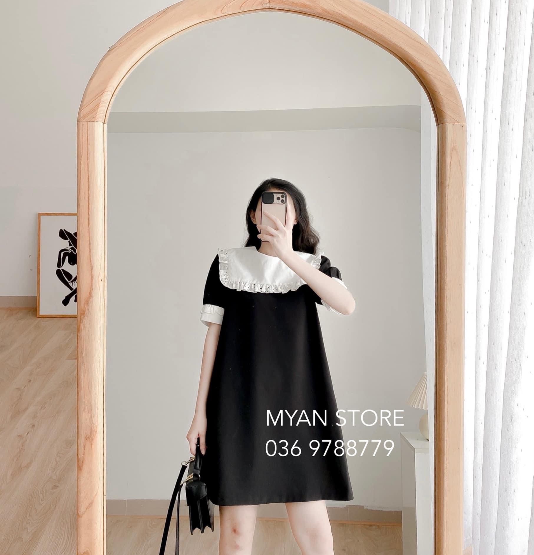 Váy đen dáng xòe bo eo phối trắng cổ sơ mi | Shopee Việt Nam