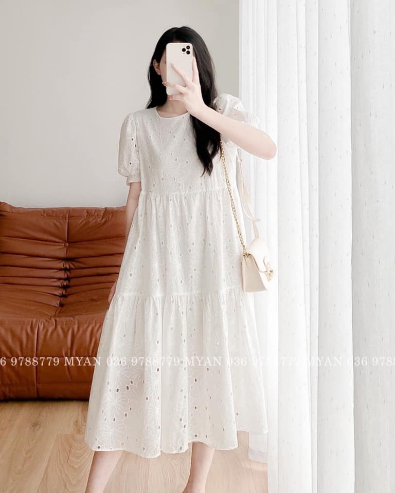 Đầm voan họa tiết trắng đen - Quần Áo Xưởng May ANN