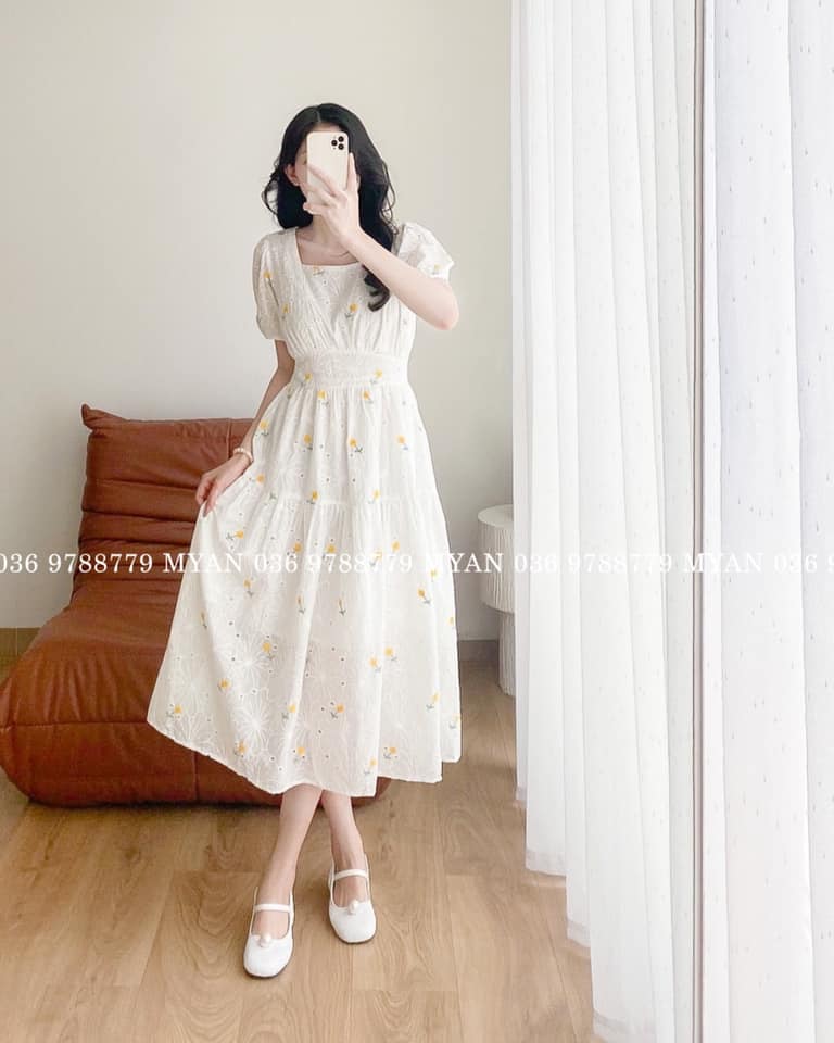 Váy trắng hoa chìm cổ vuông tay bồng cúc ngọc dáng dài vintage [Ảnh thật  3-9] | Shopee Việt Nam