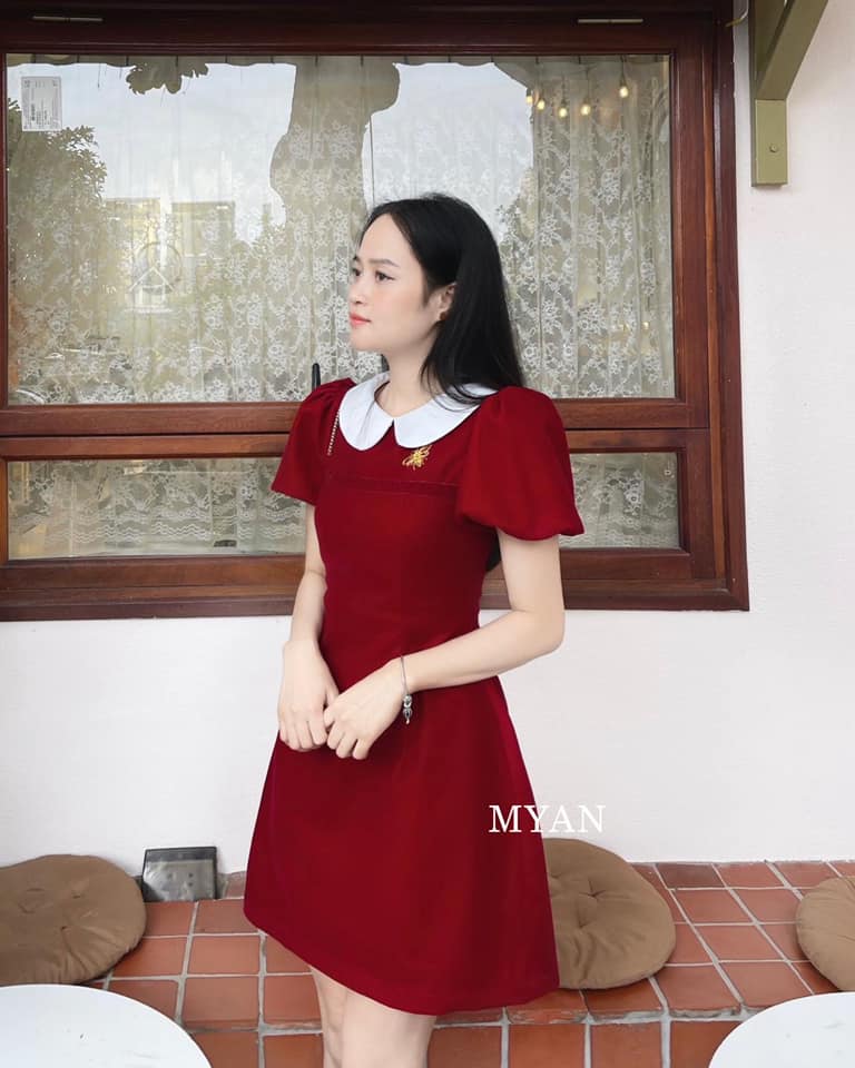 Váy dự tiệc tay bồng xoè đính cúc ngọc váy nhung đỏ SS029 - Đầm dáng xòe |  ThờiTrangNữ.vn