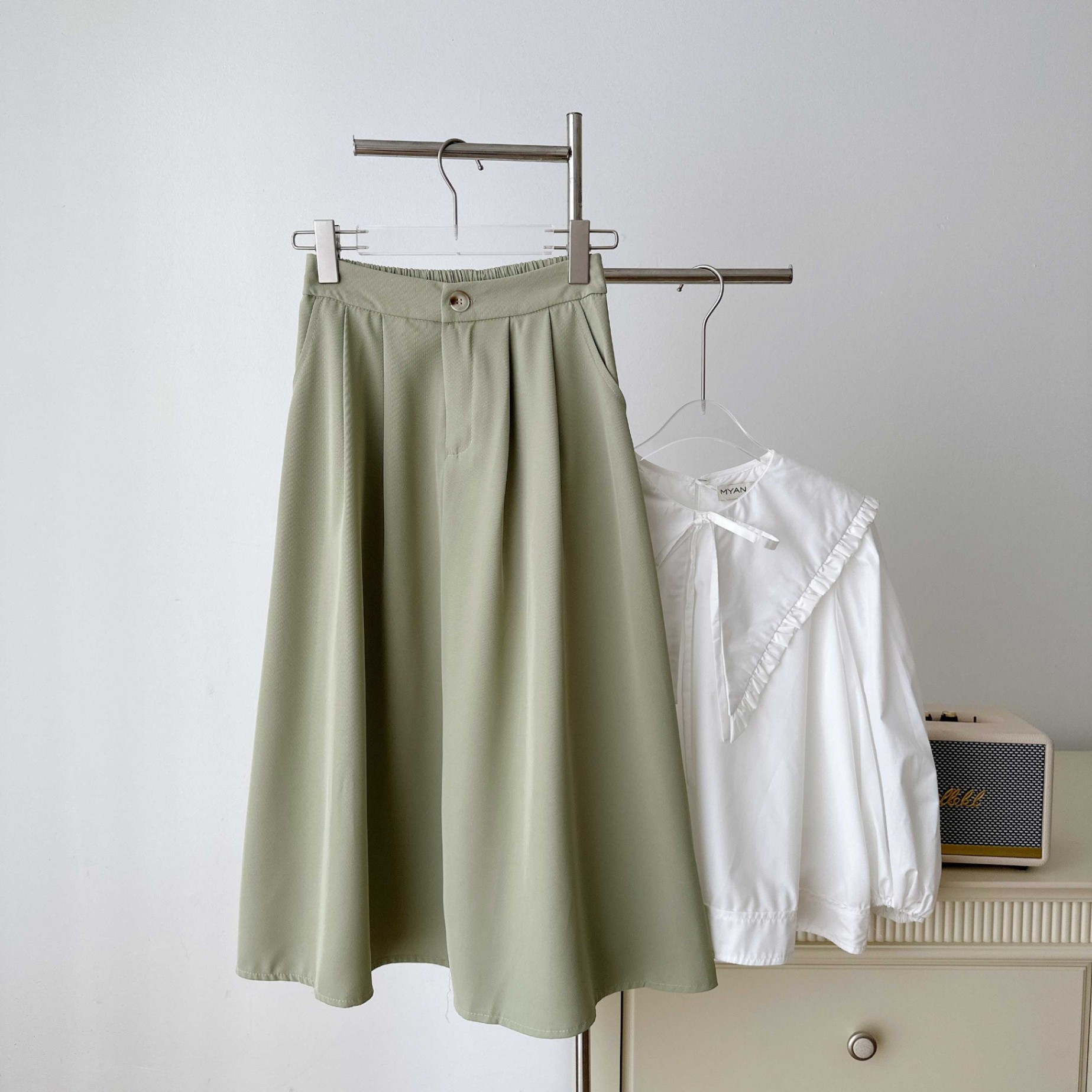 BELY | V761 - Váy đầm 7 mảnh xòe silk lạnh thiết kế choàng vai - Xanh mint,  Hồng pastel - Bely | Thời trang cao cấp Bely