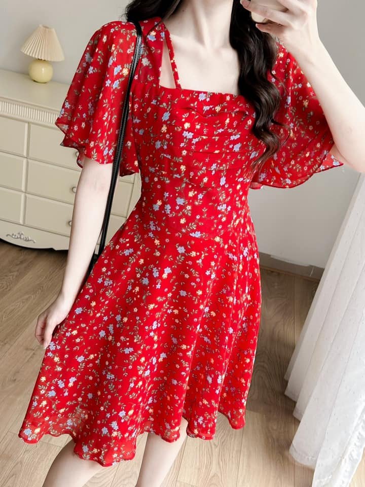 Đầm váy maxi đỏ midi hoa nhí Vintage (Kèm hình thật) | Shopee Việt Nam
