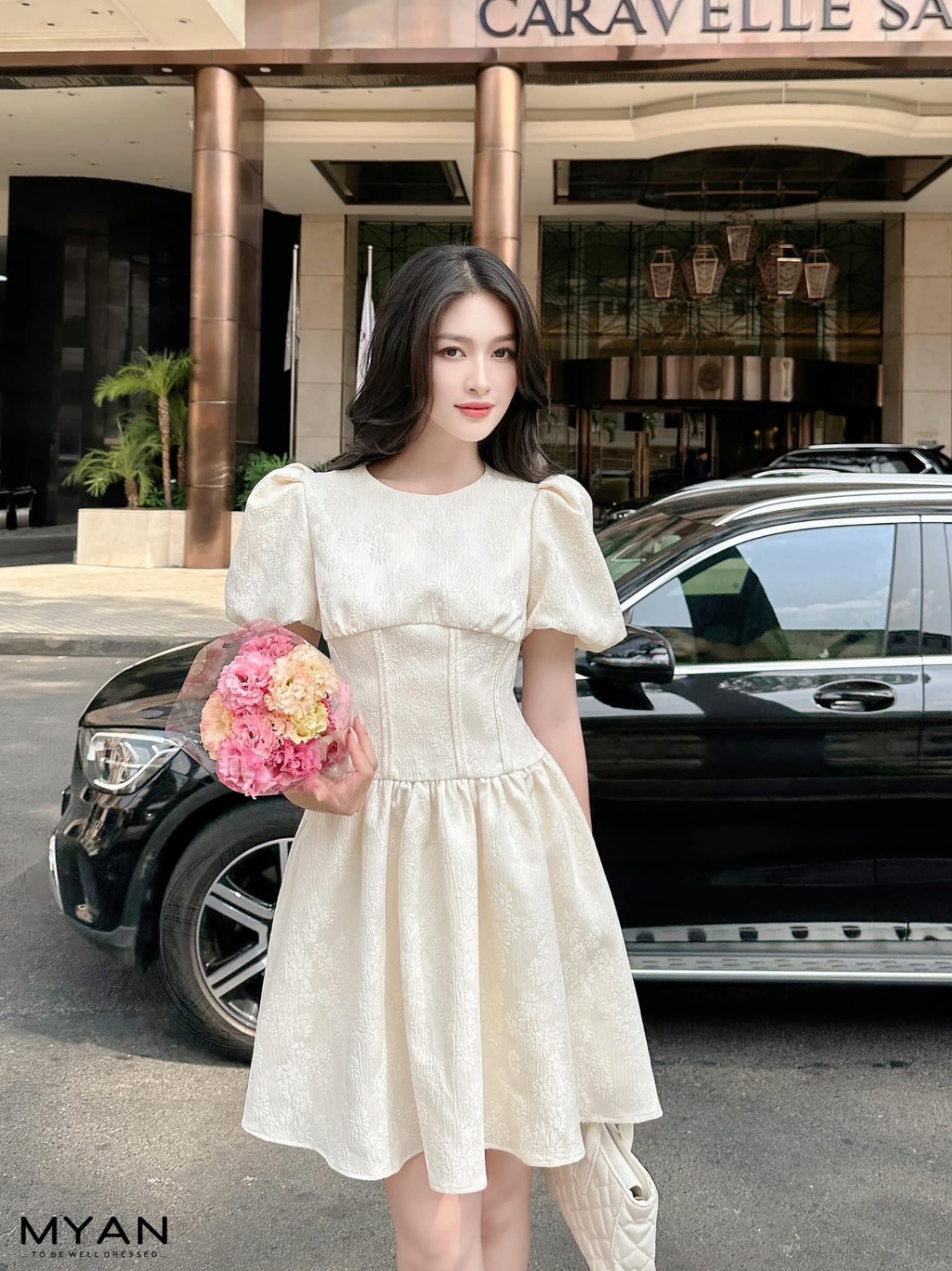 Đầm xòe đơn sắc tay phồng cổ vuông HL21-32 | Thời trang công sở K&K Fashion