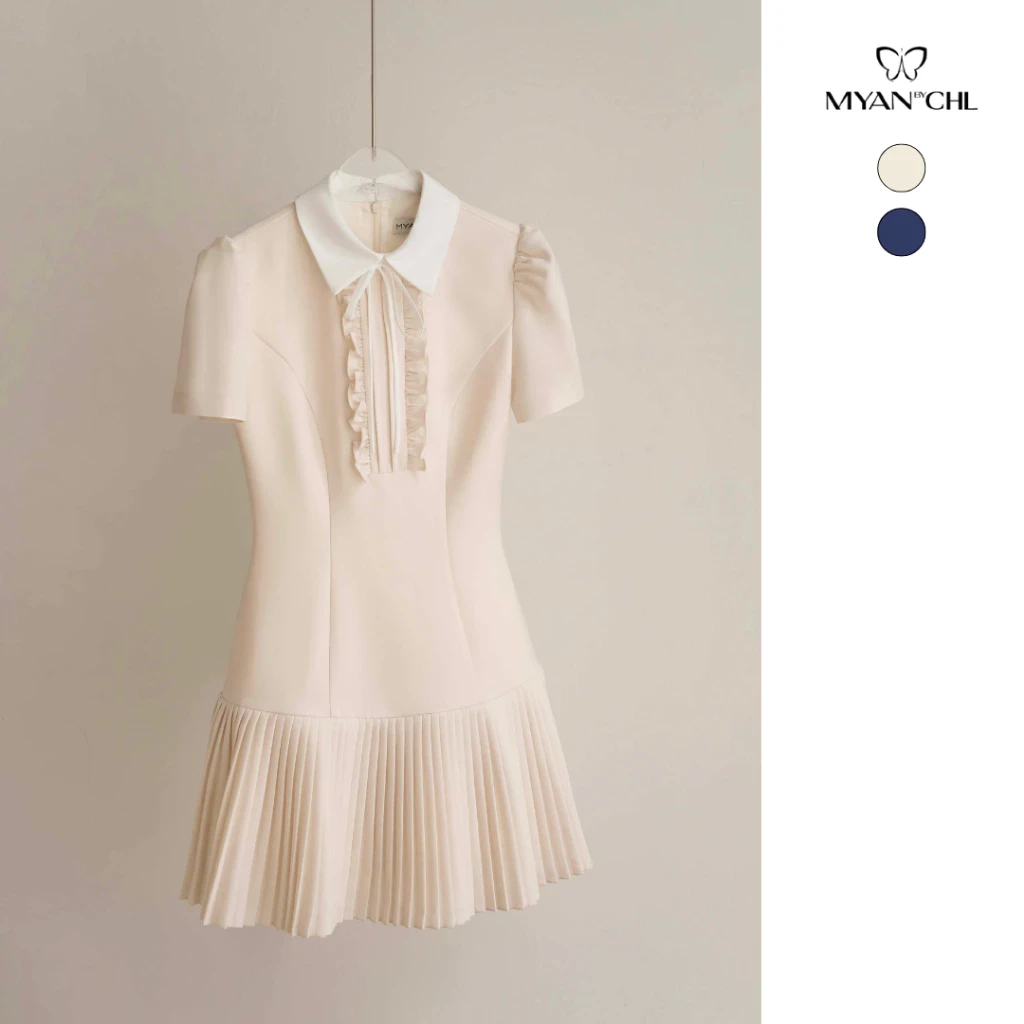 Váy ngắn tay phối cổ đuôi cá xếp ly nhỏ