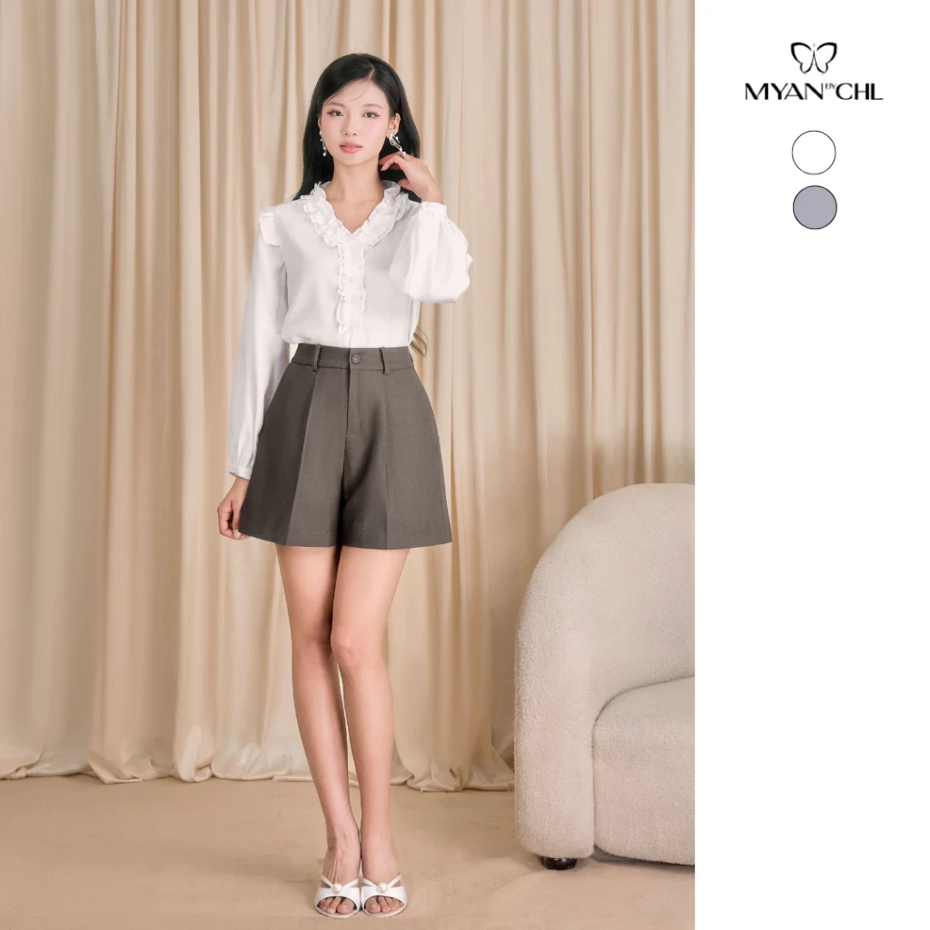 Áo sơ mi tơ dài tay bèo nhún cổ
