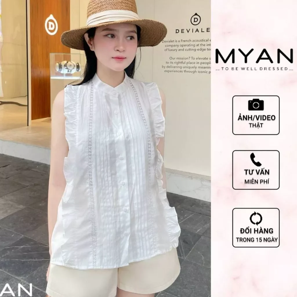 Áo cổ tàu sát nách phối ren.