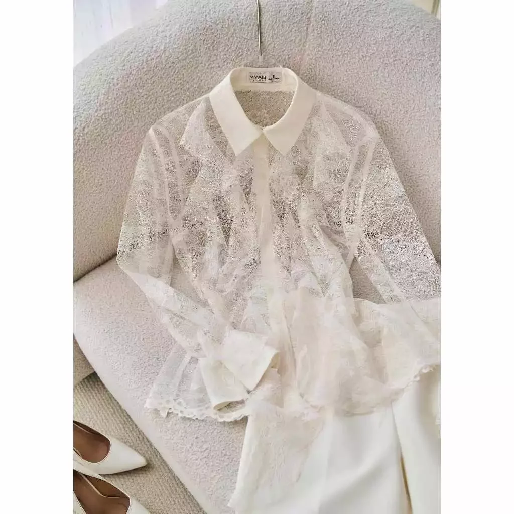 Áo sơ mi ren dài tay kẹp dây bèo