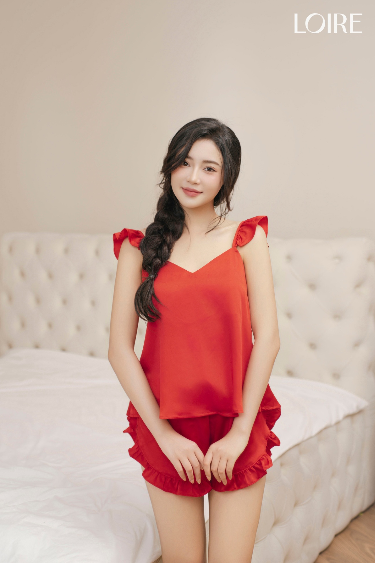 Bộ Đồ Ngủ Lụa 2 Dây Bèo Nhún Xẻ Cao Cách Điệu BHDN07