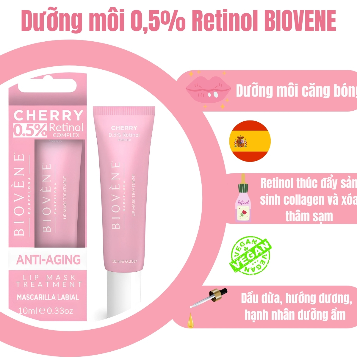 Dưỡng Môi BIOVENE 0,5% RETINOL Xóa Thâm Sạm Và Chống Lão Hóa Hương Cherry Xuất Xứ Tây Ban Nha - 1 cái