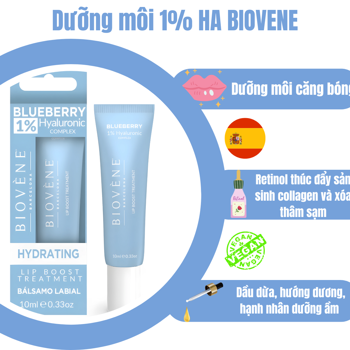 Dưỡng Môi BIOVENE 1% HYALURONIC ACID Cấp Ẩm Sâu Và Chống Môi Khô Nứt Nẻ Hương Việt Quất Xuất Xứ Tây Ban Nha - 1 cái