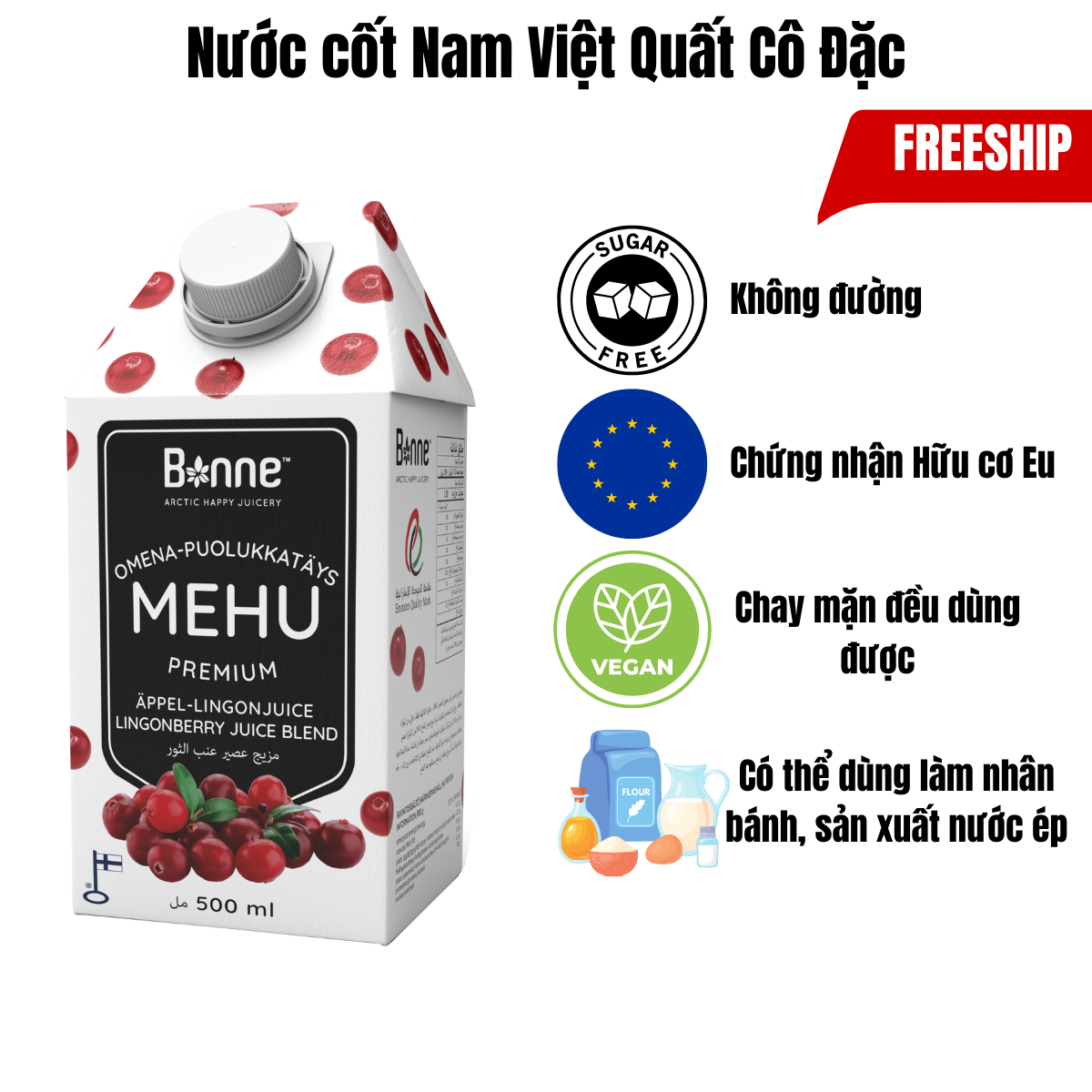 Nước Cốt Nam Việt Quất Cô Đặc Không Đường Bonne Từ Trái Cây Thật Tự Nhiên Nhập Khẩu Phần Lan Không Chất Bảo Quản Độc Hại - 500ml