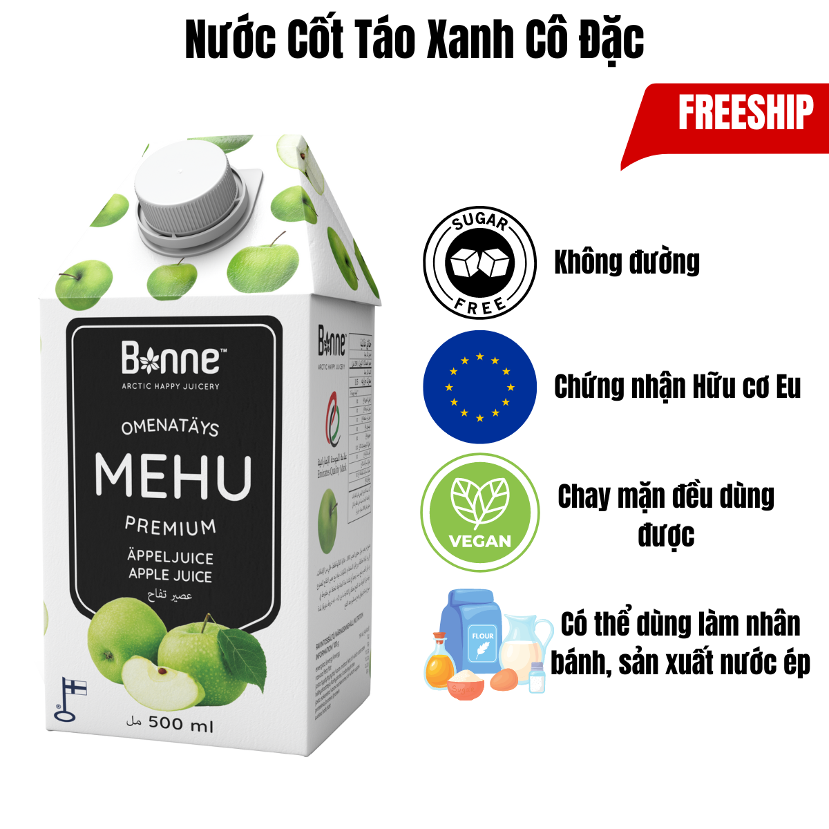 Nước Cốt Táo Xanh Cô Đặc Không Đường Bonne Từ Trái Cây Thật Tự Nhiên Nhập Khẩu Phần Lan Không Chất Bảo Quản Độc Hại - 500ml