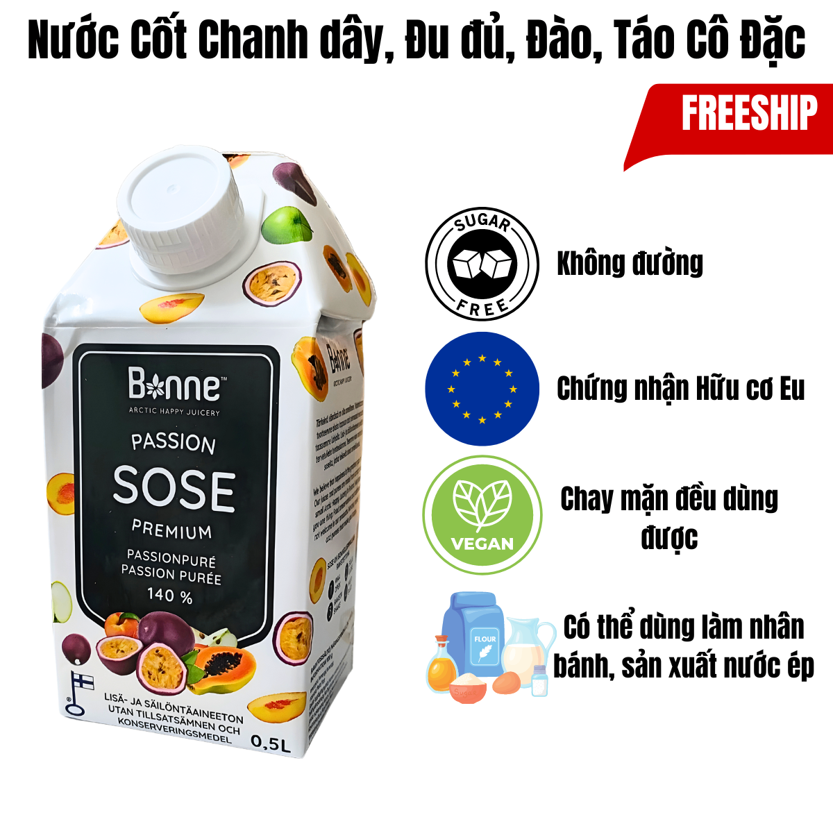 Nước Cốt Chanh dây, Đu đủ, Đào, Táo Cô Đặc Không Đường Bonne Từ Trái Cây Thật Tự Nhiên Nhập Khẩu Phần Lan Không Chất Bảo Quản Độc Hại - 500ml