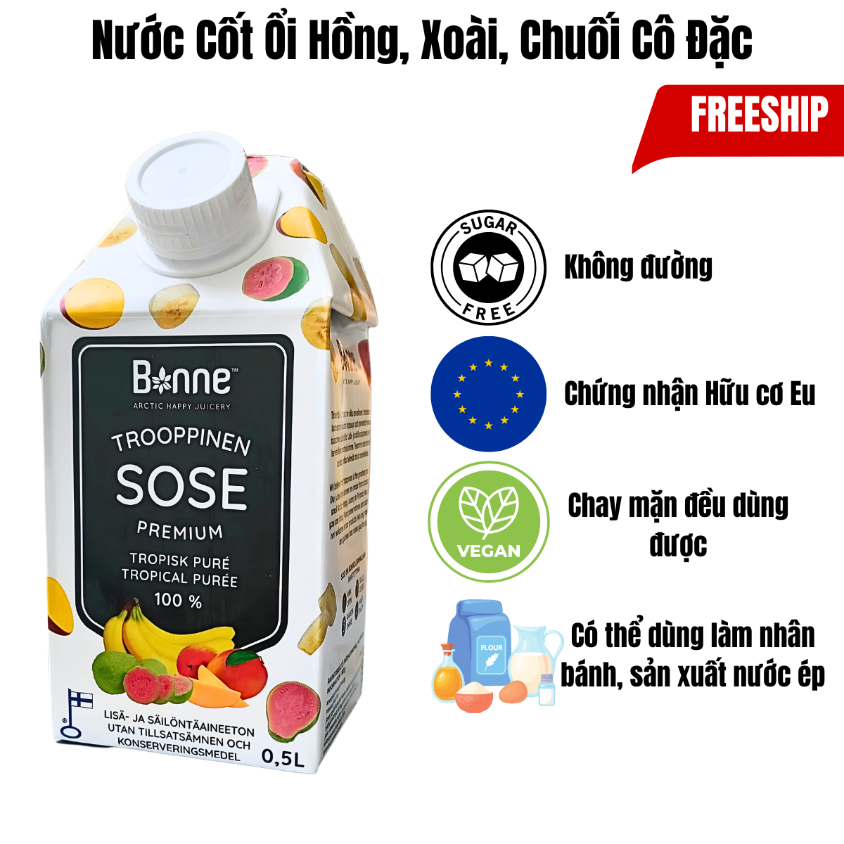 Nước Cốt Ổi Hồng, Xoài, Chuối Cô Đặc Không Đường Bonne Từ Trái Cây Thật Tự Nhiên Nhập Khẩu Phần Lan Không Chất Bảo Quản Độc Hại - 500ml