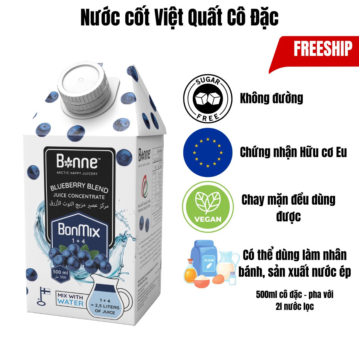 Nước Cốt Việt Quất Cô Đặc Không Đường Bonne Từ Trái Cây Thật Tự Nhiên Nhập Khẩu Phần Lan Không Chất Bảo Quản Độc Hại - 500ml