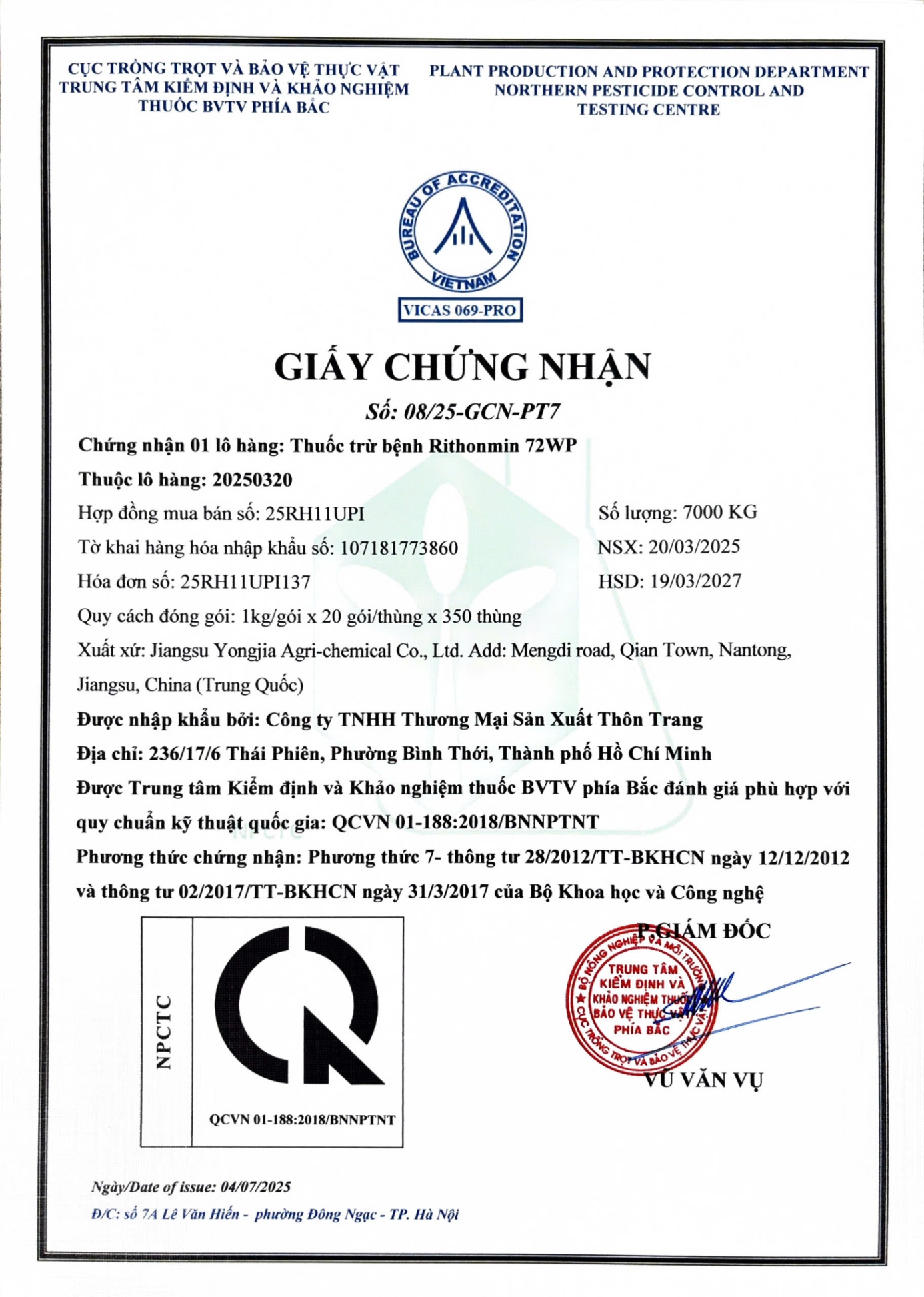 SẢN PHẨM THUỐC TRỪ BỆNH RITHONMIN 72WP CỦA CÔNG TY TNHH THƯƠNG MẠI SẢN XUẤT THÔN TRANG