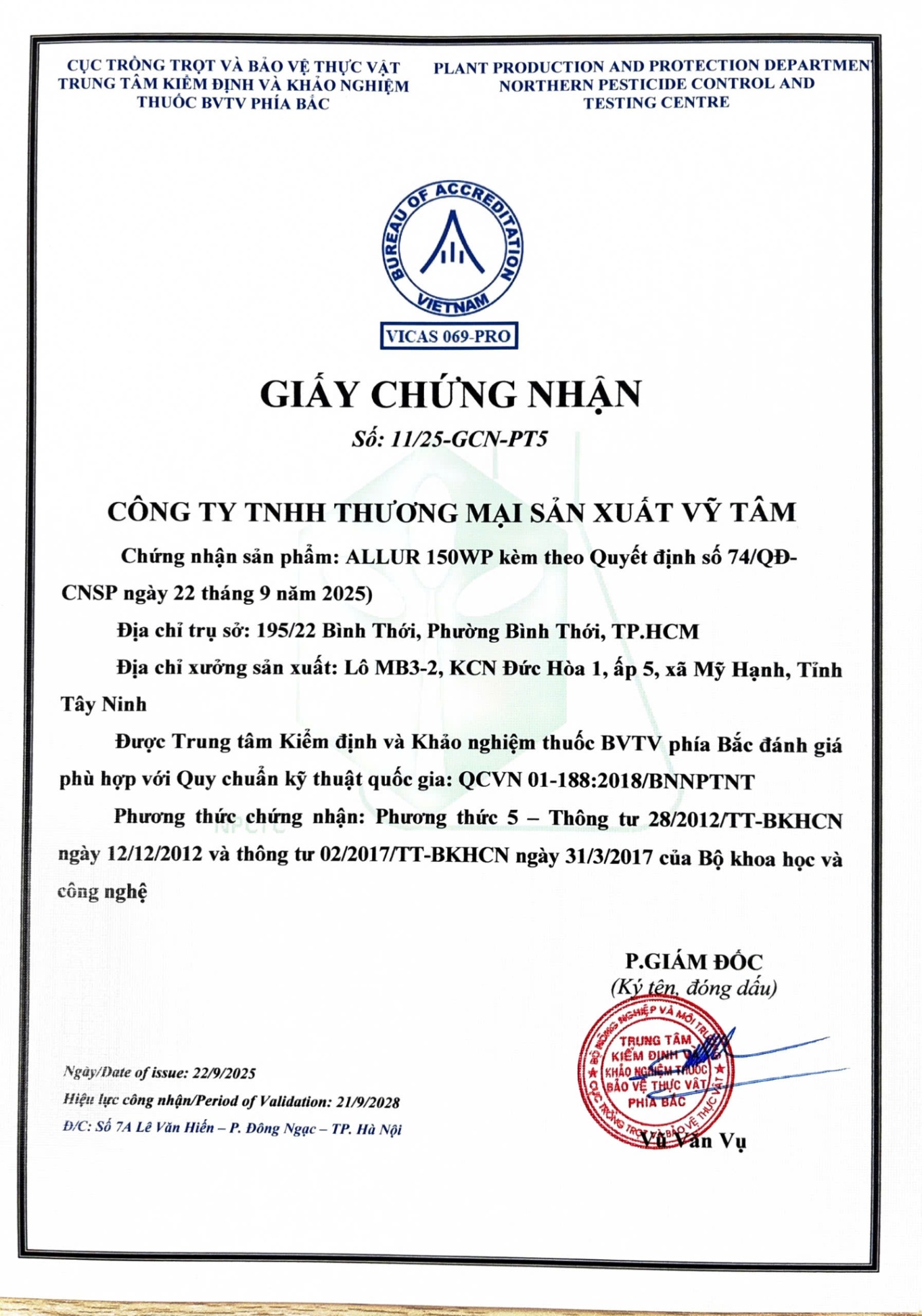 SẢN PHẨM THUỐC ĐIỀU HÒA SINH TRƯỞNG ALLUR 150WP CỦA CÔNG TY TNHH THƯƠNG MẠI SẢN XUẤT VỸ TÂM