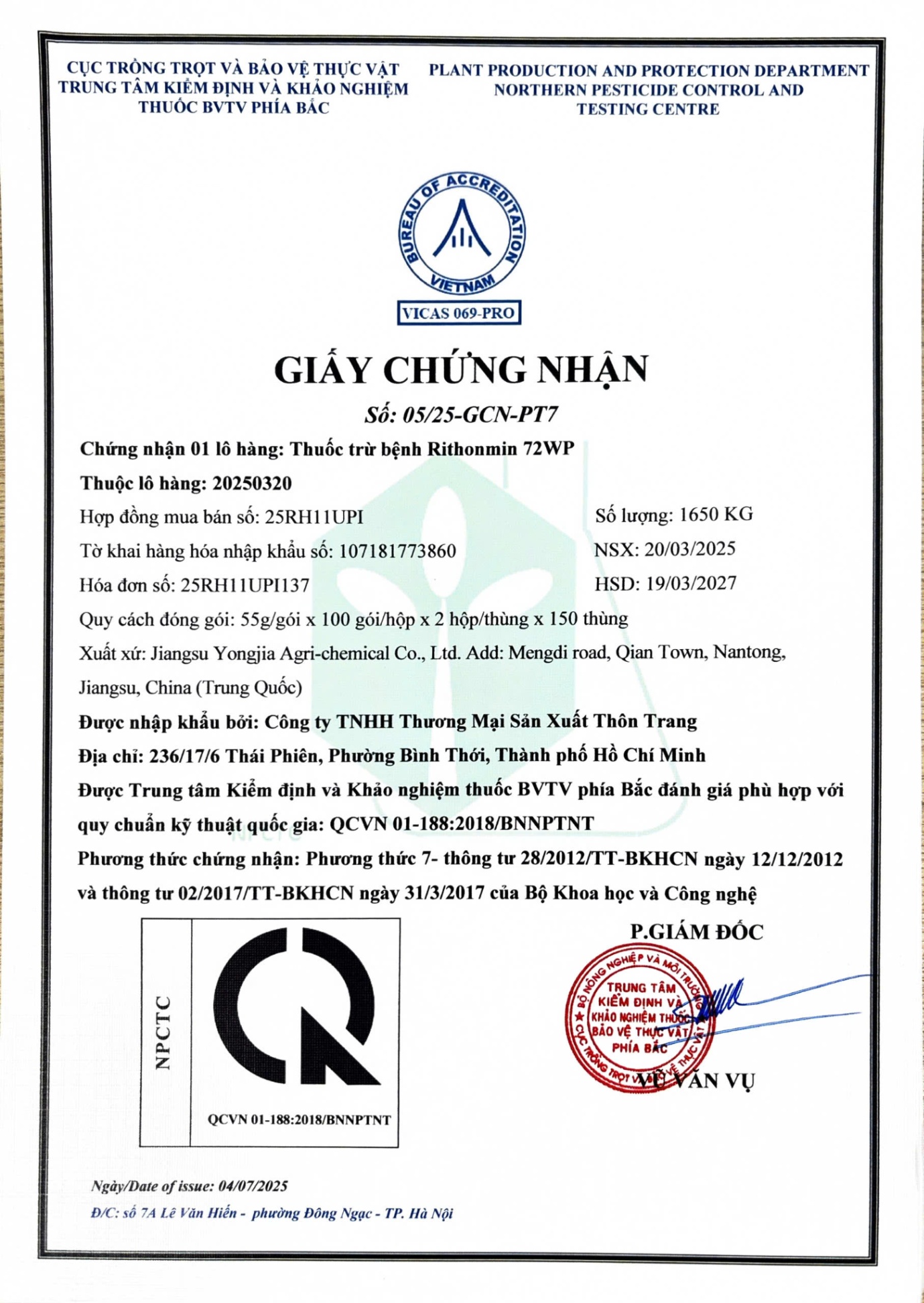 SẢN PHẨM THUỐC TRỪ BỆNH RITHONMIN 72WP CỦA CÔNG TY TNHH THƯƠNG MẠI SẢN XUẤT THÔN TRANG